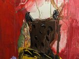 a painting on the wall of a room with a red background