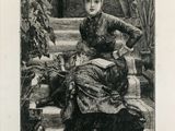 drawing of a woman sitting on a bench in a garden
