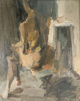 painting of a painting of a cat sitting on a chair in front of a window