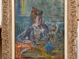 an oil painting of a woman sitting at a table with flowers in a vase