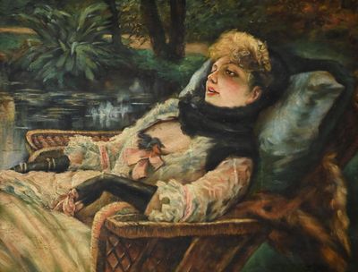 a painting of a woman sitting in a wicker chair
