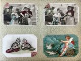 four pictures of a cat and a kitten on a cart
