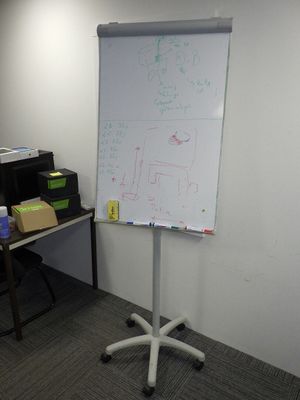 un tableau blanc posé sur un support dans un bureau
