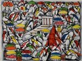 drawing of a painting of a kitchen with a lot of utensils