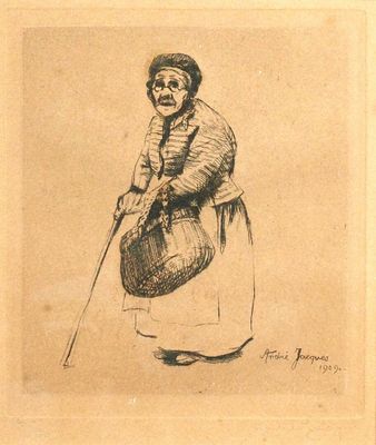 dessin représentant une vieille femme avec un panier et une canne