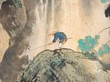painting of a man standing on top of a mountain next to a waterfall