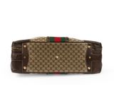 a brown and green guccissi bag with a red, green, and white stripe