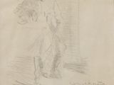 un vieux dessin représentant un homme assis sur une chaise, une canne à la main