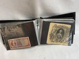two different types of currency are in a wallet on a white surface