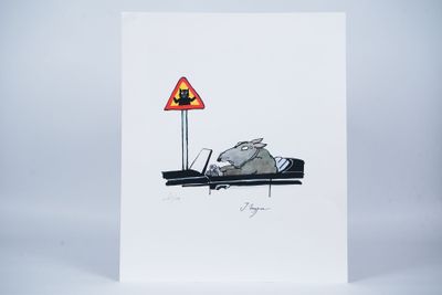 a white card with a drawing of a rat sitting on a road sign
