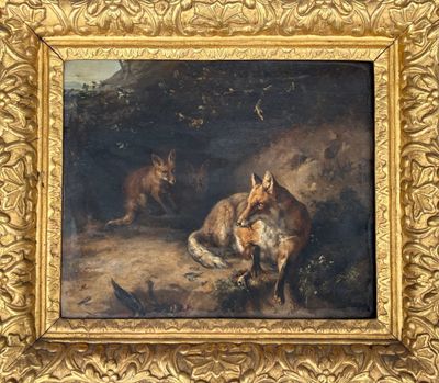 une peinture à l'huile représentant deux renards dans un décor boisé