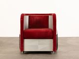 the chair is red and white with a black frame