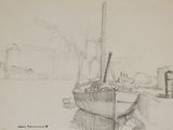 dessin au crayon représentant un bateau amarré dans un port, avec des bâtiments en arrière-plan