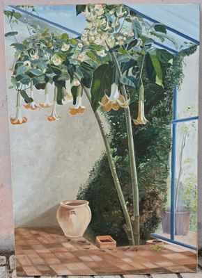 tableau représentant une plante en pot devant une fenêtre donnant sur un jardin