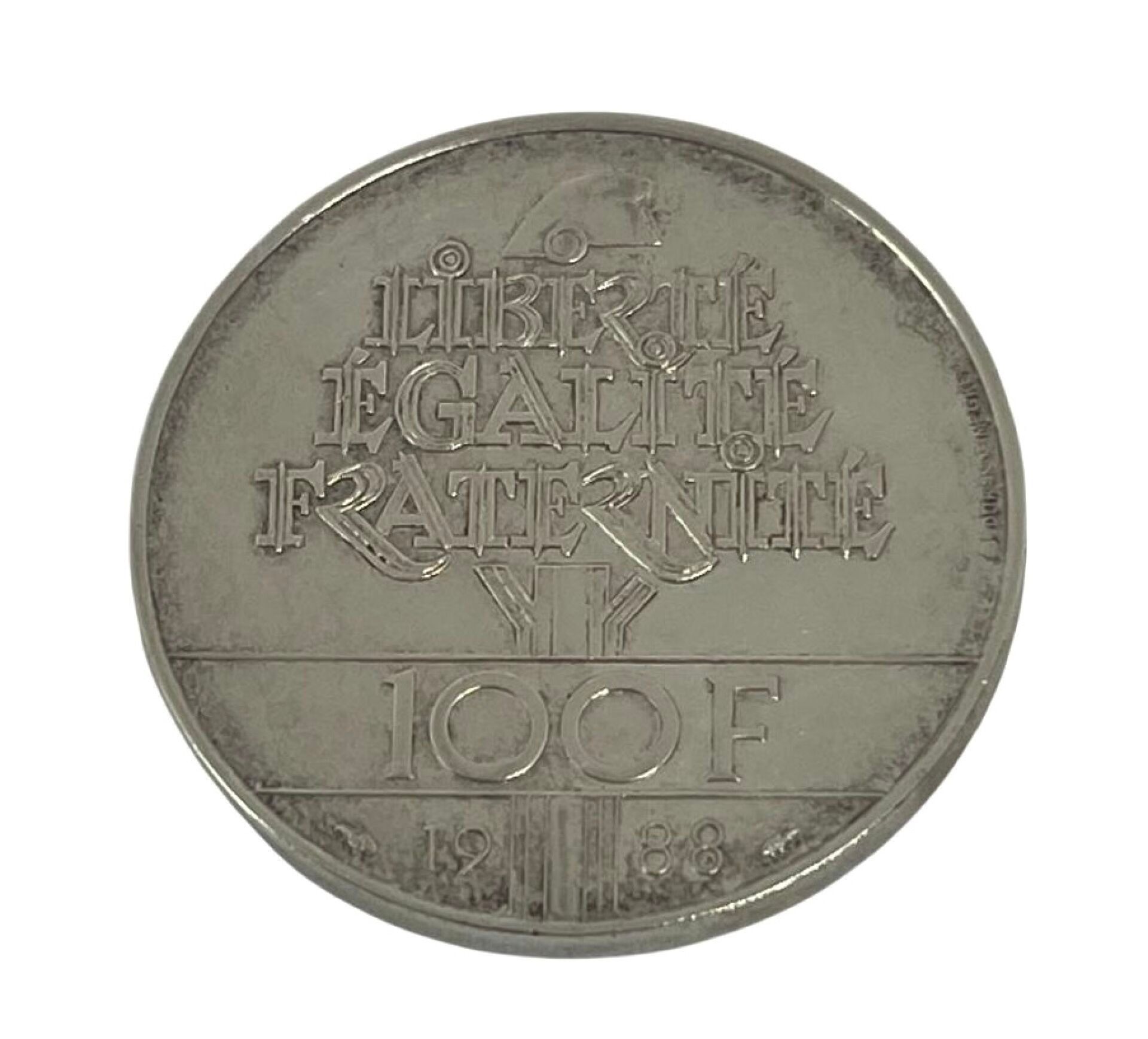 Pièce de 100 francs français en argent de 1988 - Traces d'usure - PB env : 15,2 g - Les pièces et bijoux en or ne son...