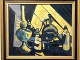 une peinture représentant une nature morte avec des bouteilles et un vase