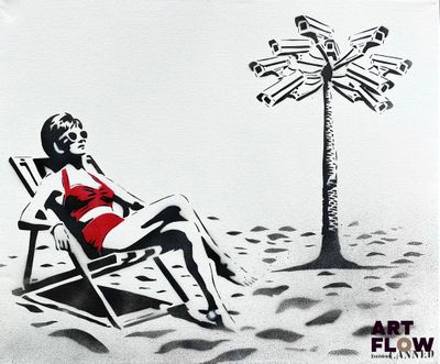 tableau représentant une femme en bikini assise sur une chaise sous un palmier