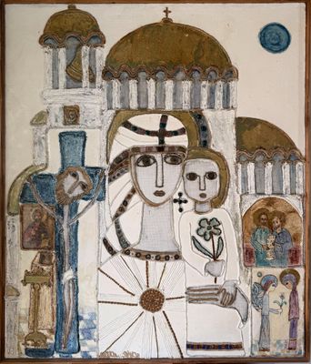 an image of a painting of a man and a woman in front of a building