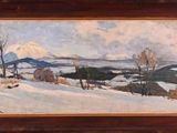 an oil painting of a snowy landscape with a mountain in the background