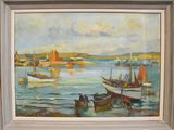 a painting of a harbor scene with boats in the water