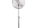 a silver fan on a metal stand with a white background