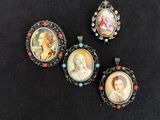 four miniature portraits of people are displayed on a black surface