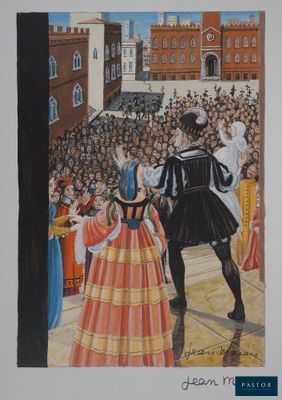 un tableau représentant un homme et une femme debout devant une foule