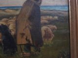 a painting of a woman and a dog in a field