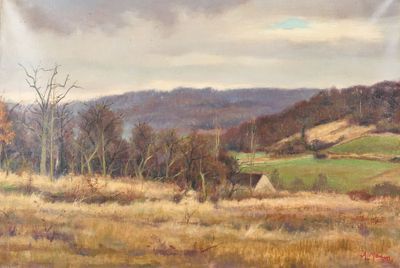 une peinture à l'huile représentant un champ avec des arbres et des collines en arrière-plan