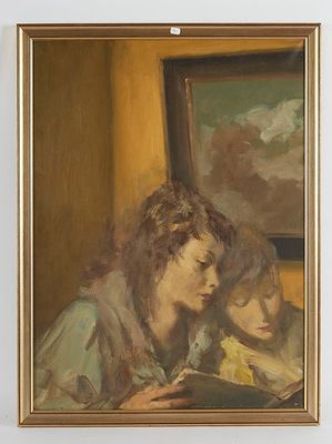 tableau représentant une femme en train de lire un livre devant un miroir