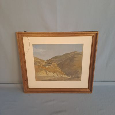 peinture représentant un paysage de montagne avec une rivière au premier plan