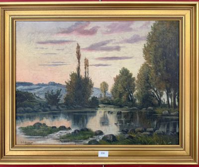 an oil painting of a river with trees and rocks in the foreground