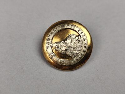 a close up of a metal button with a lion on it