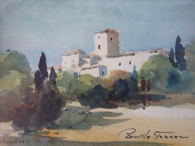 peinture représentant un tableau représentant un bâtiment avec des arbres au premier plan