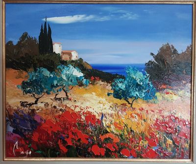MAGRE Louis. (né en 1955). "Paysage de Provence aux coquelic…
