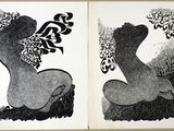 two black and white drawings of a woman sitting on a rock