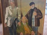 un tableau représentant deux hommes debout à côté d'un tableau représentant un homme plus âgé