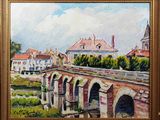 an oil painting of a bridge over a river with buildings in the background