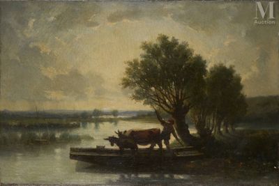 a painting of a cow and a man on a boat