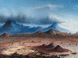 un tableau représentant un paysage désertique avec des montagnes en arrière-plan