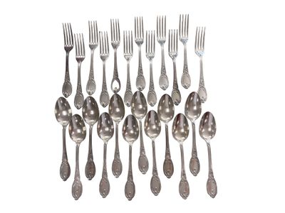 a group of silver spoons and forks on a white background