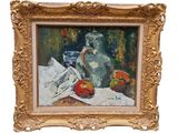 un tableau représentant un vase et des pommes posés sur une table