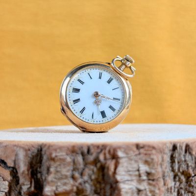 a gold pocket watch sitting on top of a tree stump