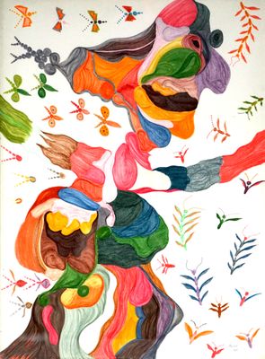 tableau représentant une femme vêtue d'une robe colorée, ornée de fleurs et de feuilles