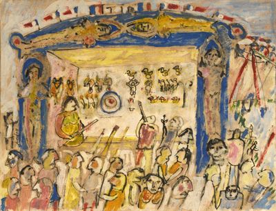 an image of a painting of a group of people in front of a stage