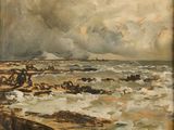 une image représentant un tableau d'une plage avec des vagues venant s'écraser sur le rivage