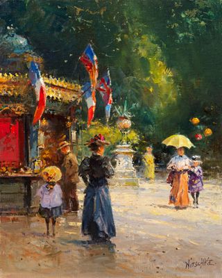 a painting of people walking down the street with umbrellas