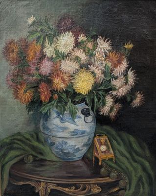 une peinture de fleurs dans un vase sur une table