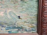 an oil painting of a duck swimming in a pond of water