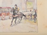 a painting of a man riding a horse in the street
